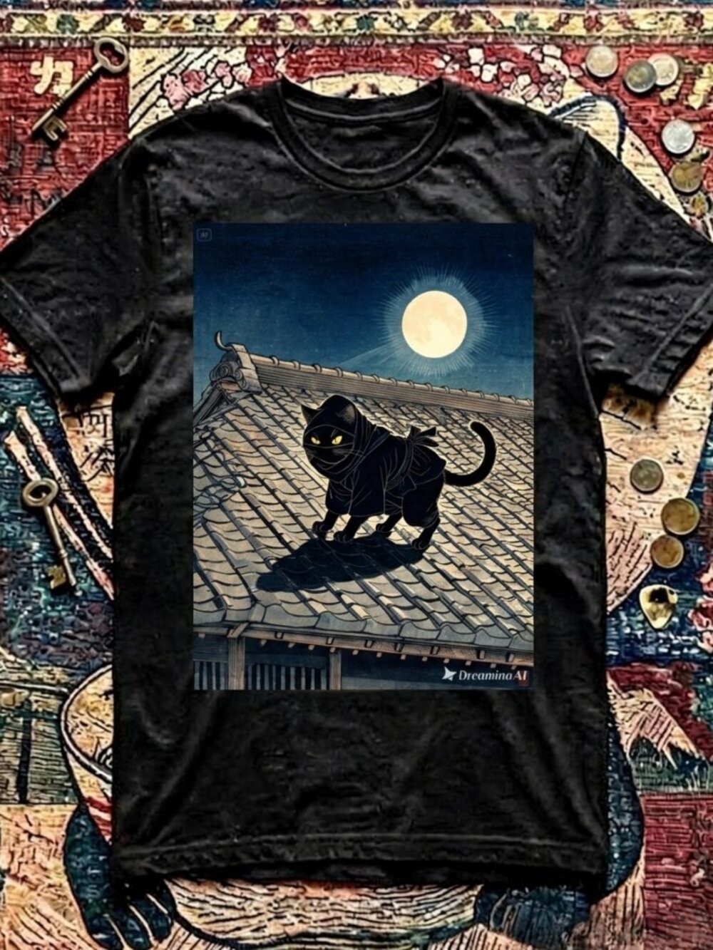 Vintage Japanese Ninja Cat Graphic T-Shirt Unisex Y2K Anime Streetwear